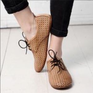 Bed Stu Mambo Tan Rustic Perforated Lace Up Flat